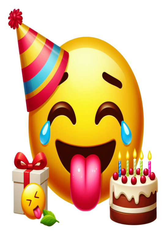 a smiley face with a birthday hat and cake