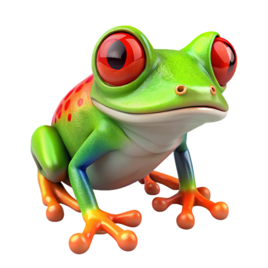a green frog with red eyes sitting on the ground
