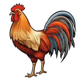 a rooster with red and blue feathers