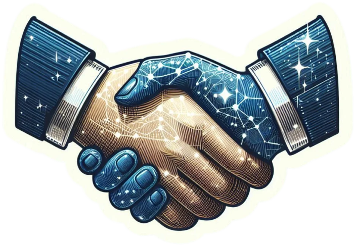 two people shaking hands with stars in the background
