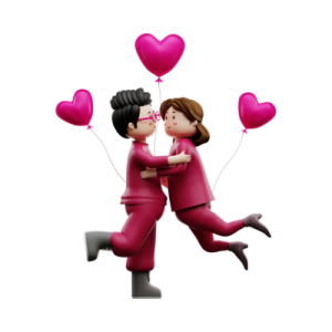 a man and woman kissing with pink balloons