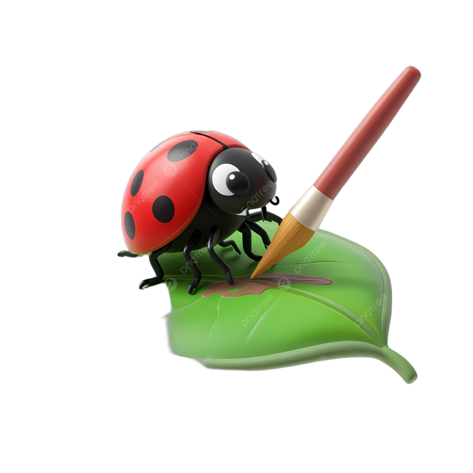 a ladybird sitting on top of a green leaf with a pencil