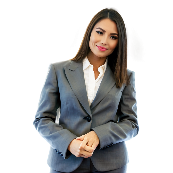 a woman in a gray suit and white shirt