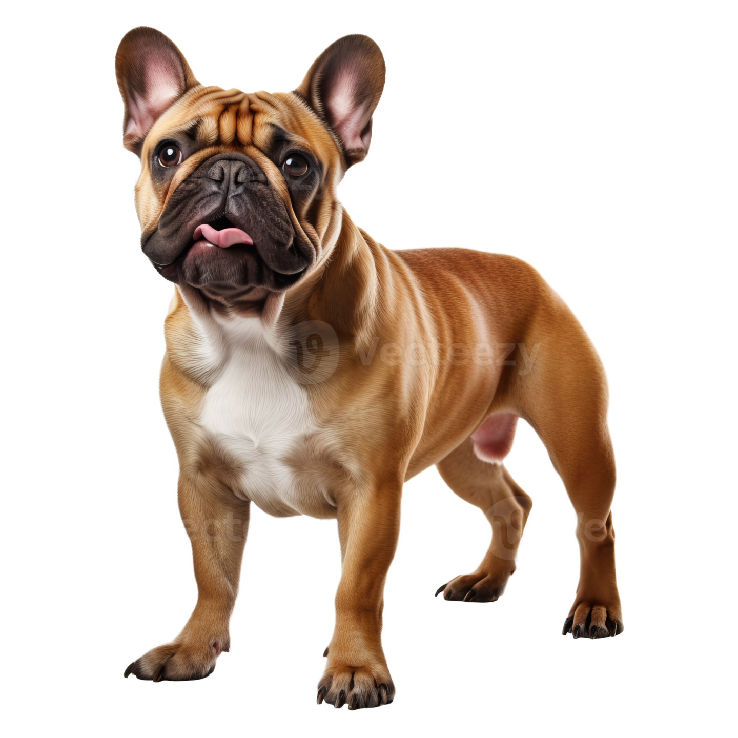 a small brown and white dog standing on a white background