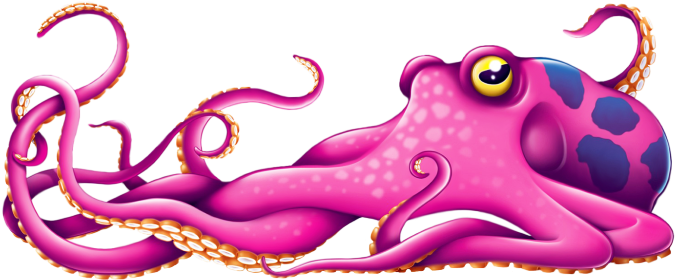 a pink octopus with yellow eyes and tentacles