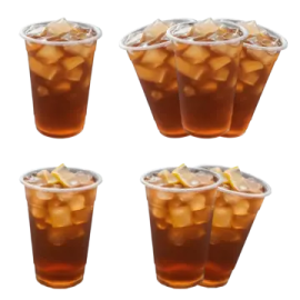 a set of four glasses filled with iced drinks