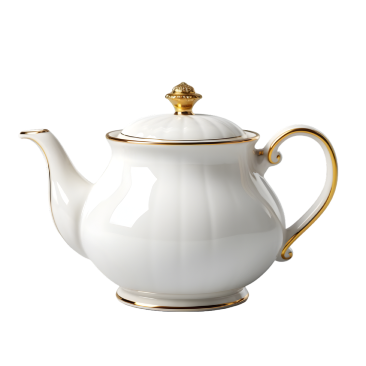 a white teapot with gold trimming