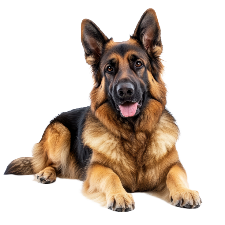 a large brown and black dog laying down