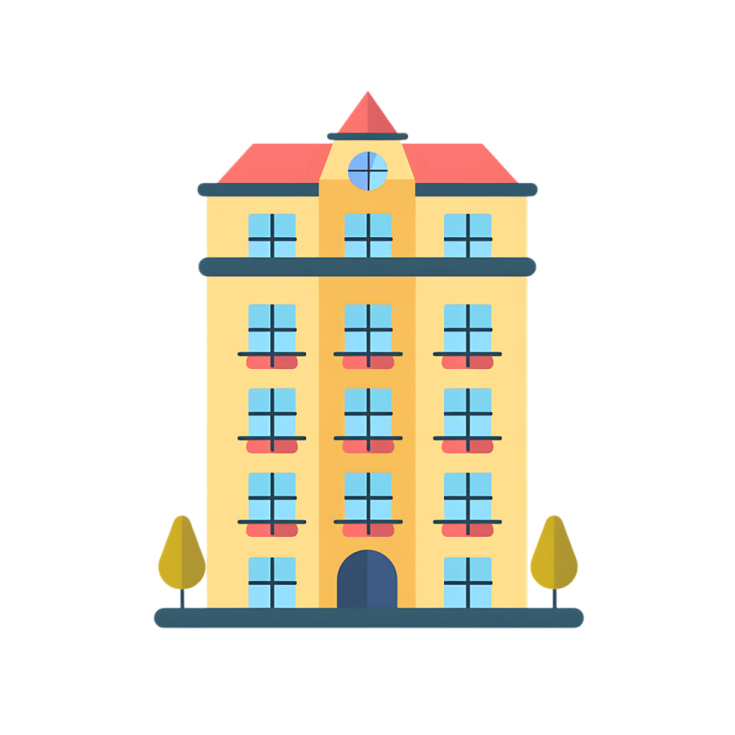 a yellow building with windows and a red roof