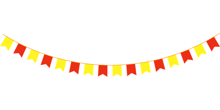a yellow, red and green pennant on a white background