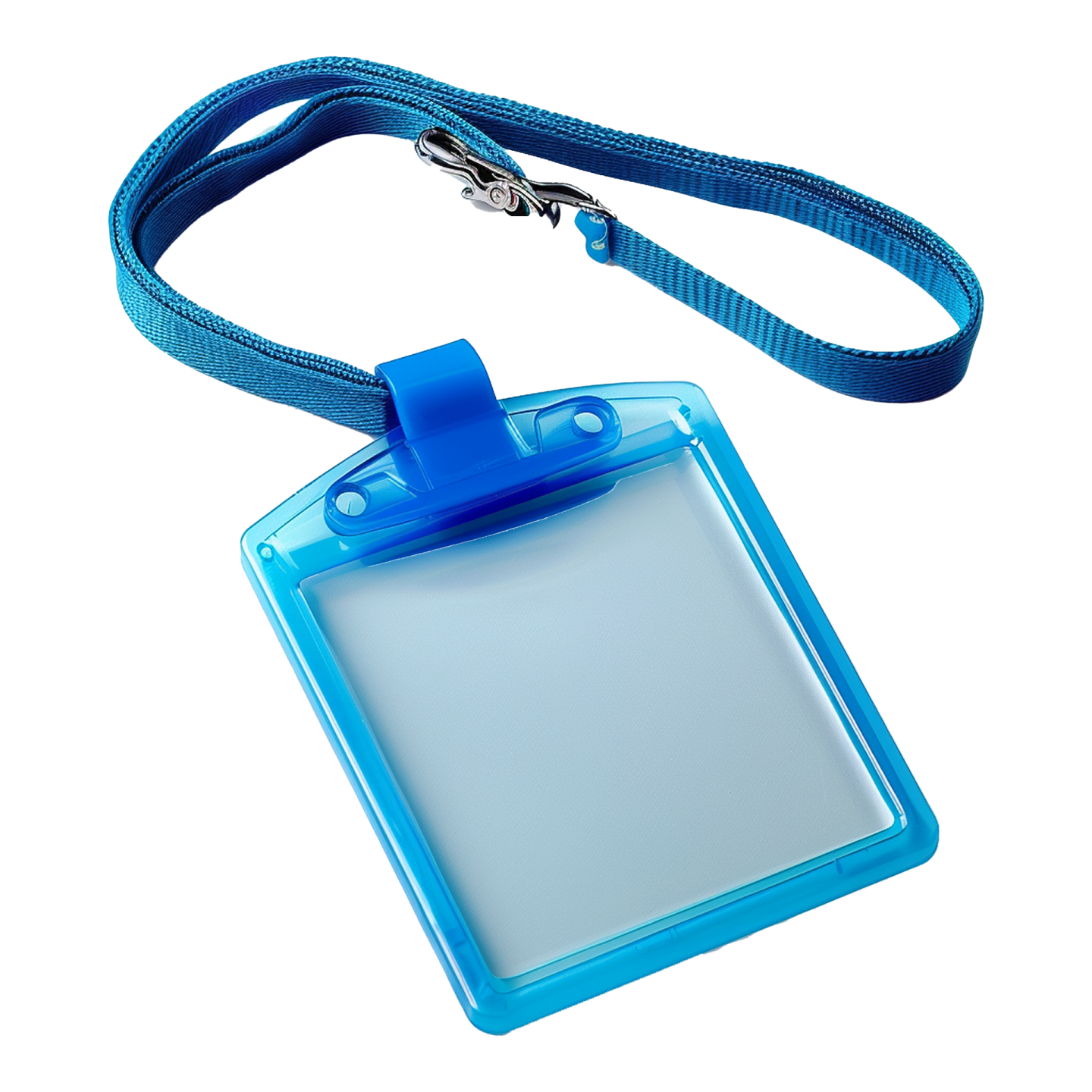 a blue plastic id badge with a lan