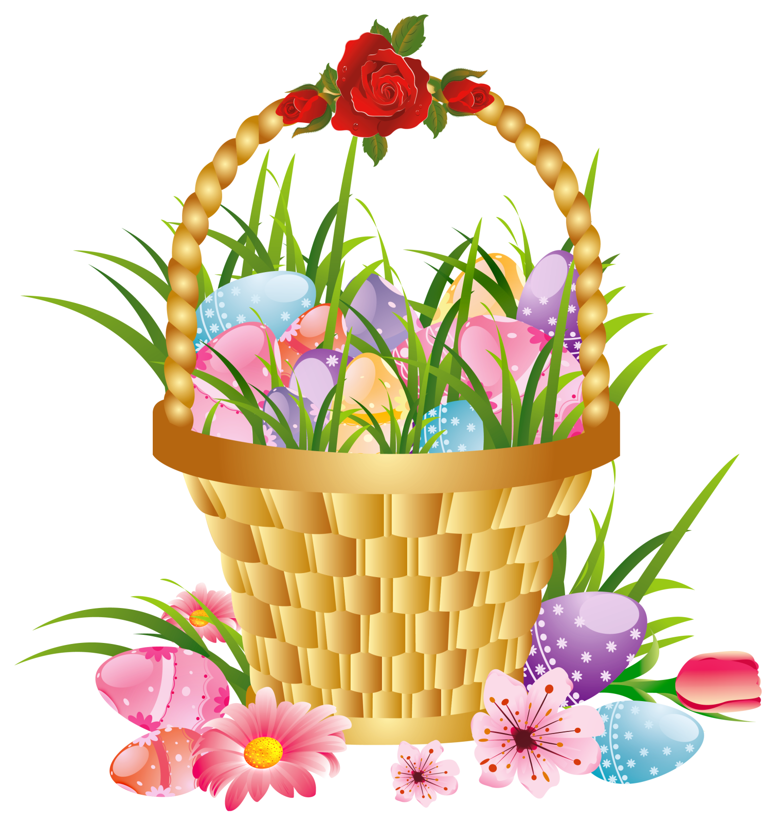 a basket filled with easter eggs and flowers