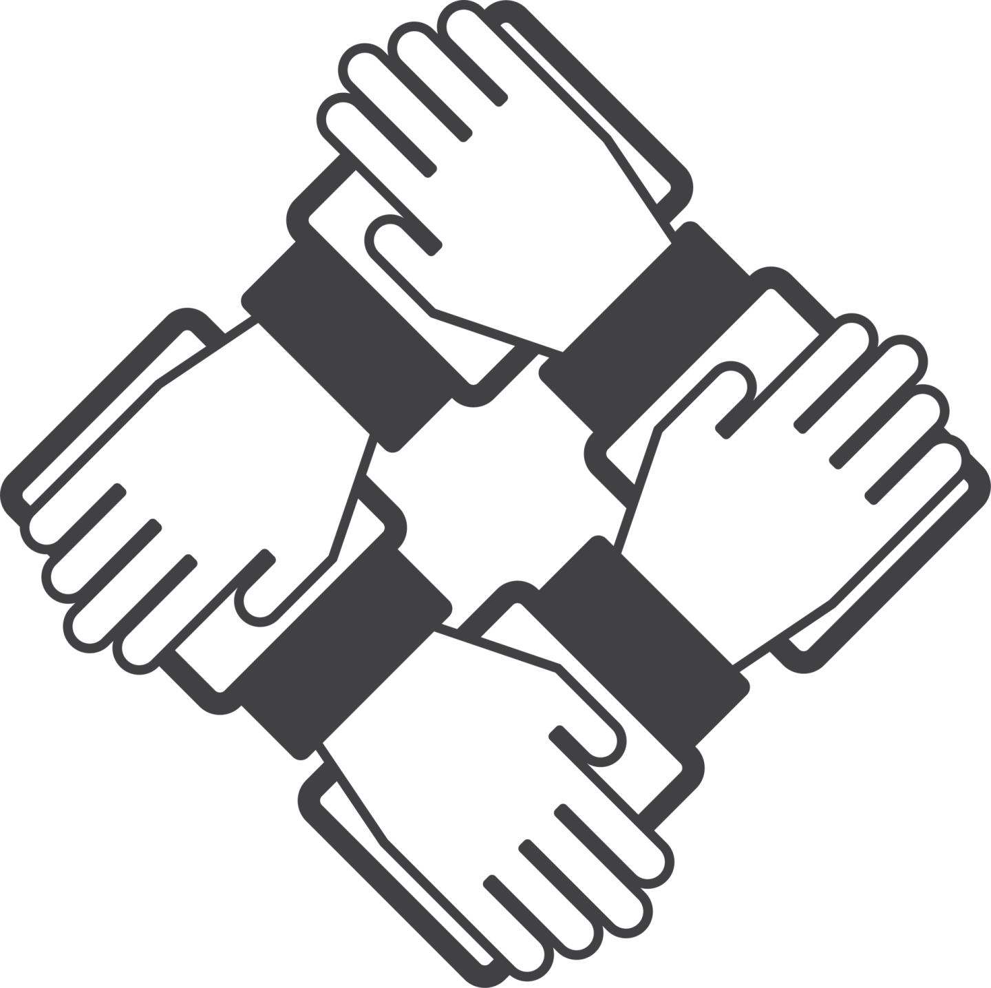 a black and white image of four hands holding each other hands