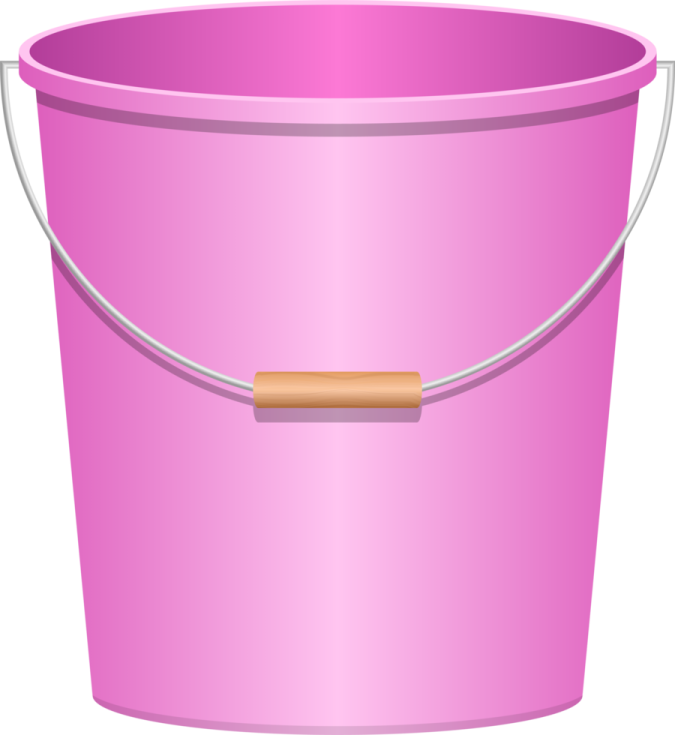 a pink bucket with a wooden handle