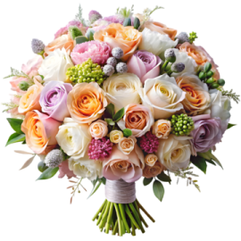 a wedding bouquet with peach and white flowers