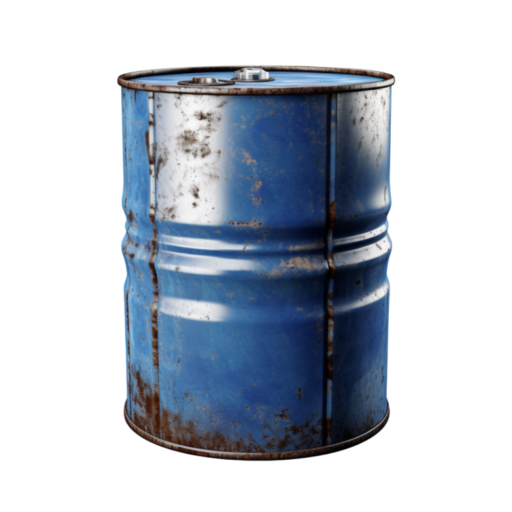 a blue barrel with rust on it