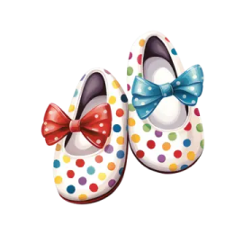 a pair of baby shoes with colorful polka dots