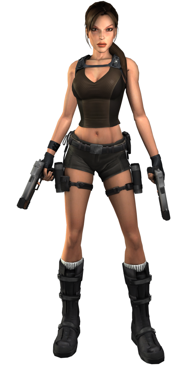 a woman in a black outfit holding two guns
