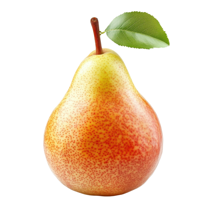 a pear with a leaf on top of it