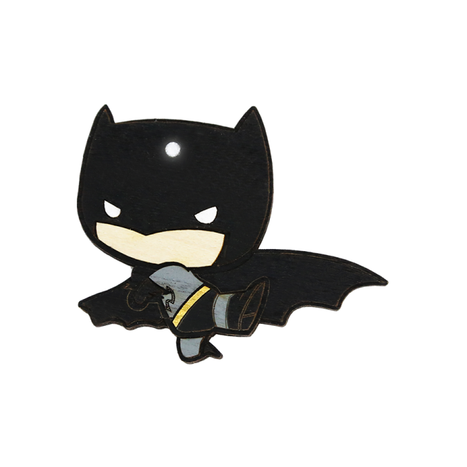a batman pin with a black suit and tie