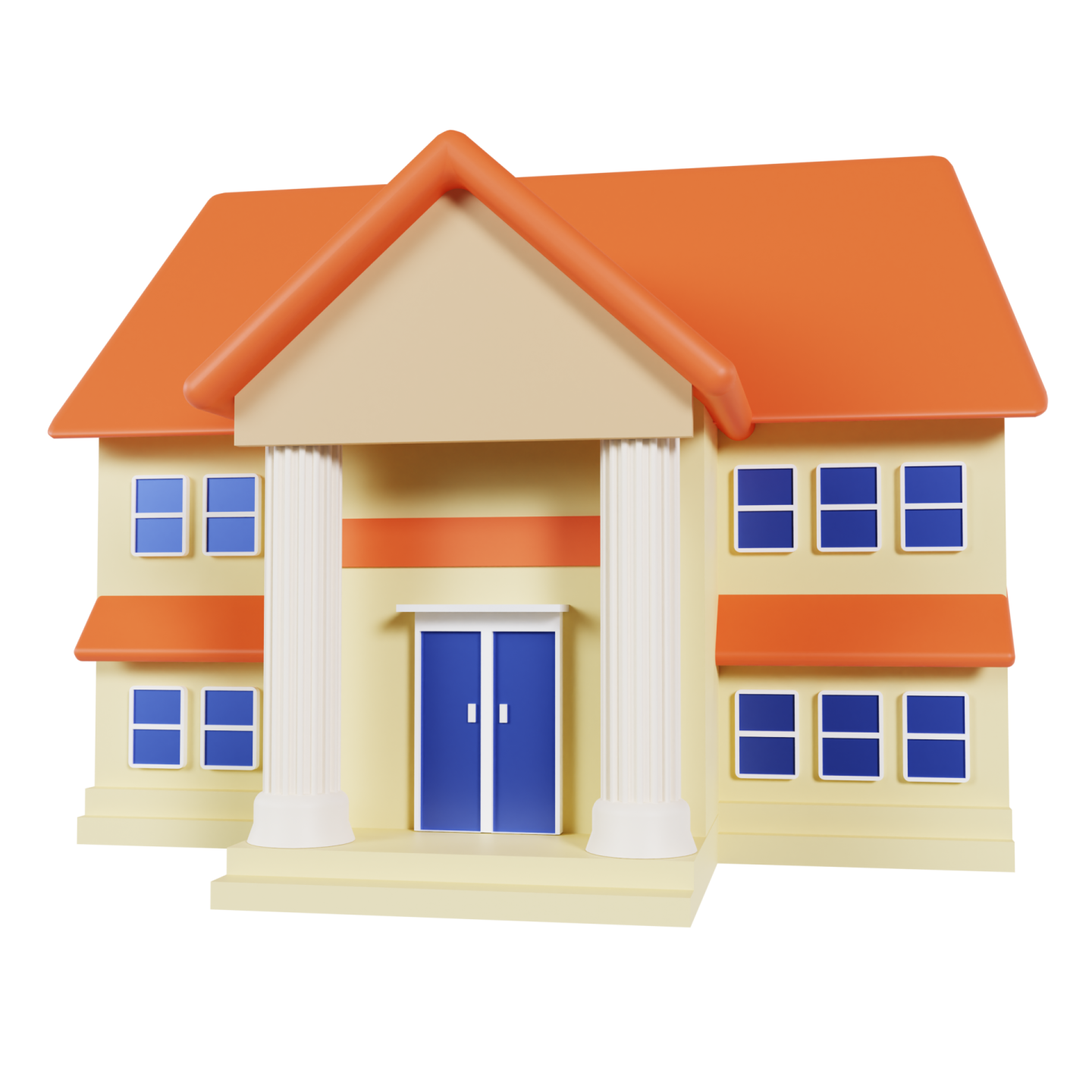a house with a blue door and red roof