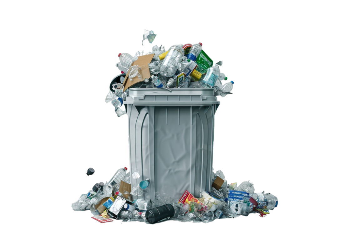 a grey trash can with many different types of garbage