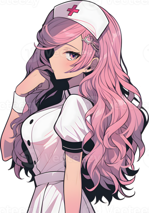 an anime girl with long pink hair wearing a nurse uniform
