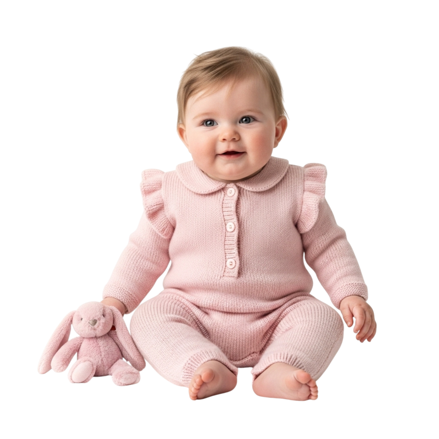a baby sitting on the floor wearing a pink sweater