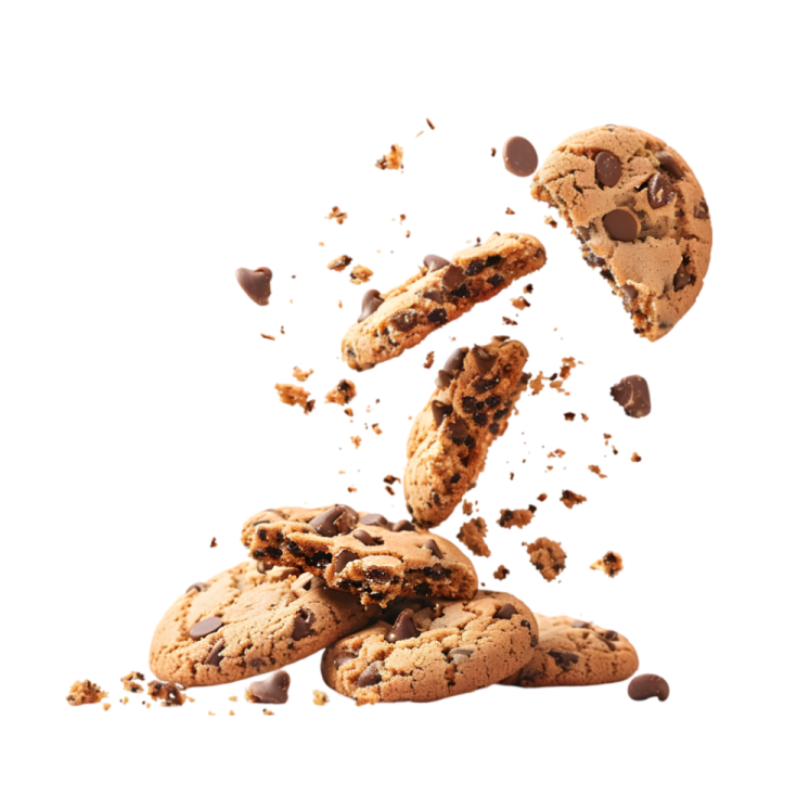 a pile of chocolate chip cookies falling into the air