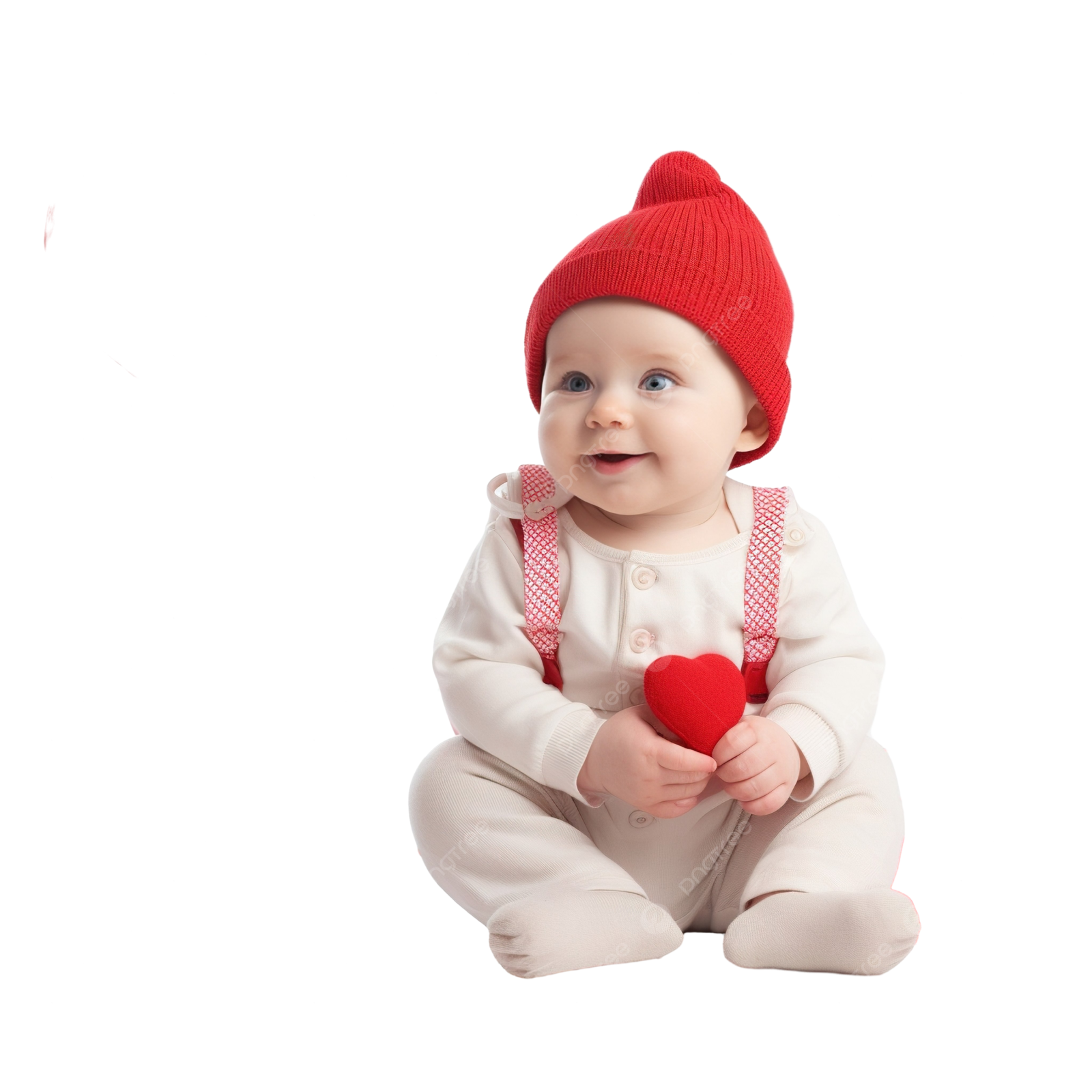 a baby sitting on the floor holding a red heart