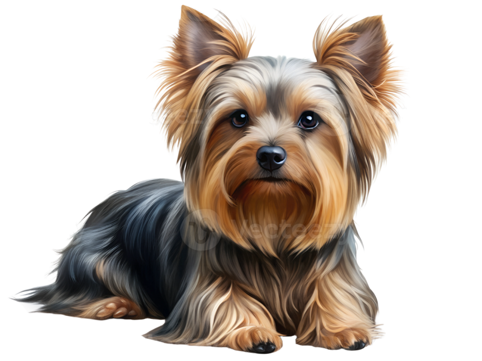 a yorkshire terrier dog sitting down on a white background