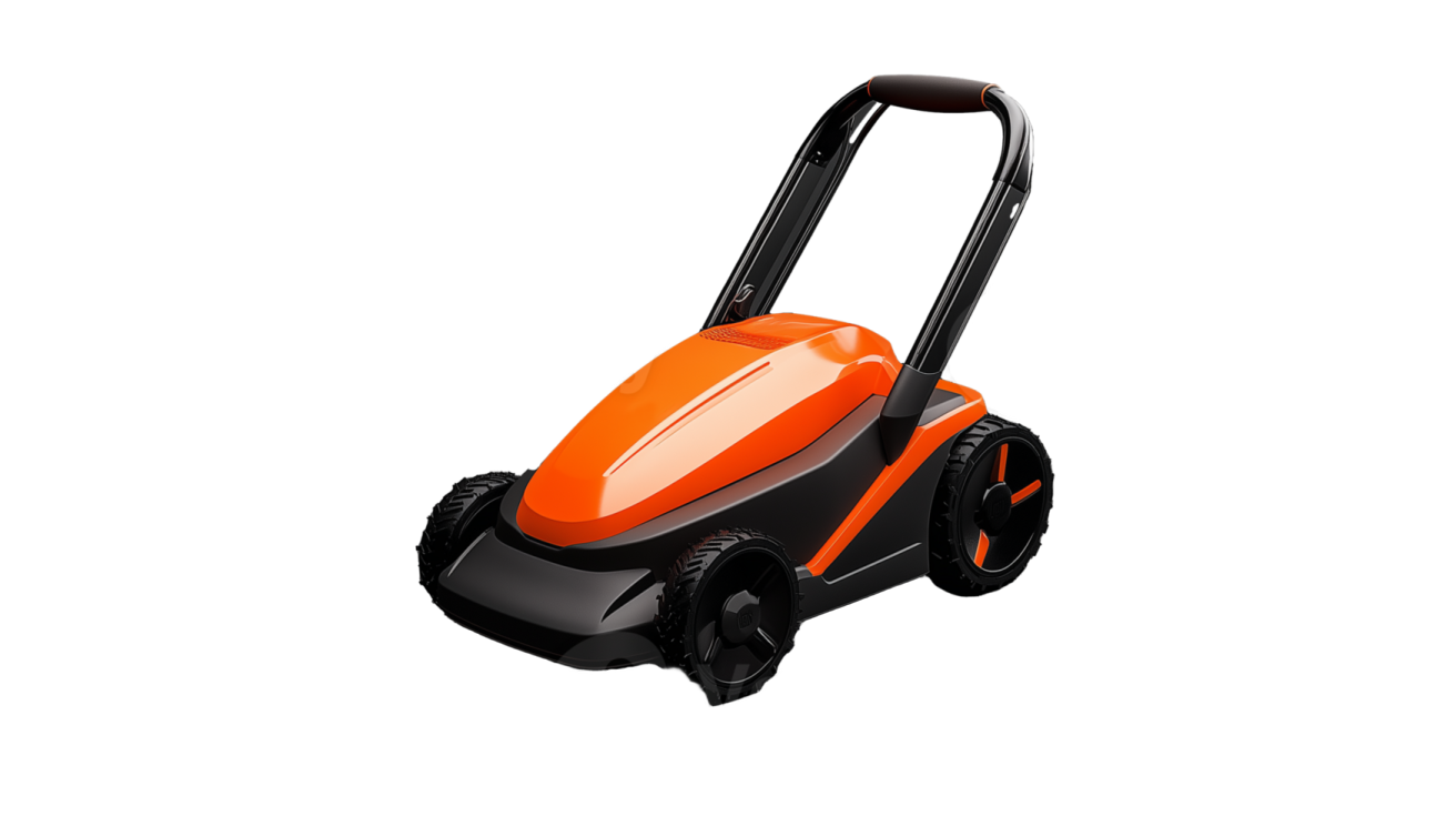 an orange and black electric lawn mower