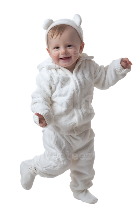 a baby wearing a white bear costume