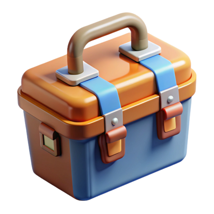 a brown and blue suitcase with two handles