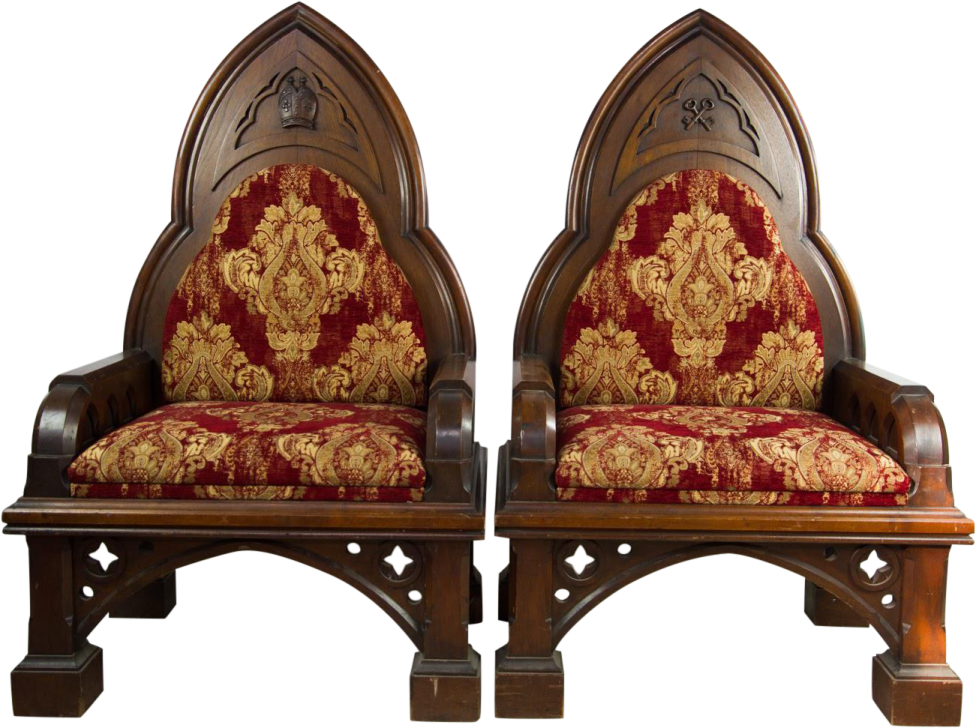 a pair of chairs with red and gold uphols