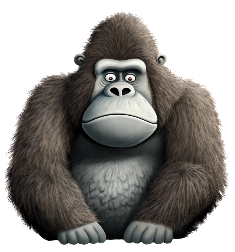 a cartoon gorilla sitting down and looking at the camera