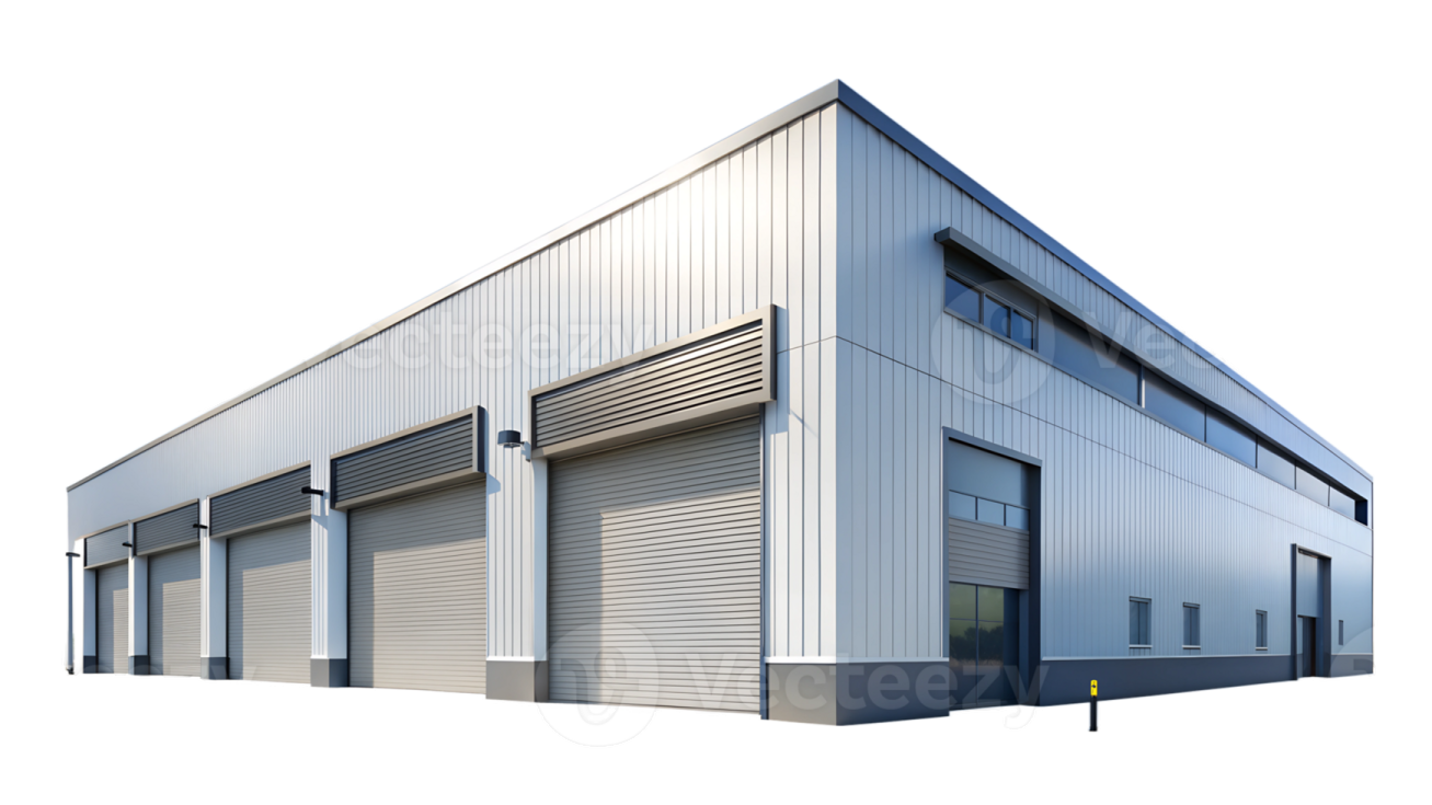 an industrial building with a white background