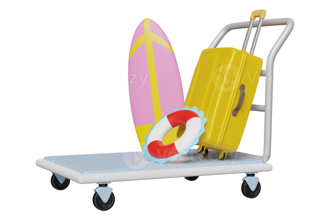 a surfboard and a suitcase on a cart