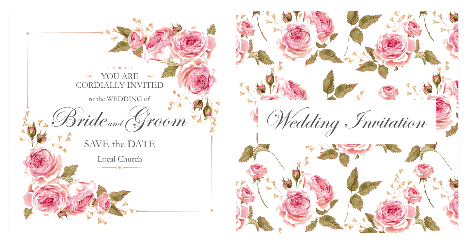 wedding invitation card with pink roses