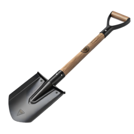 a black shovel with wooden handle