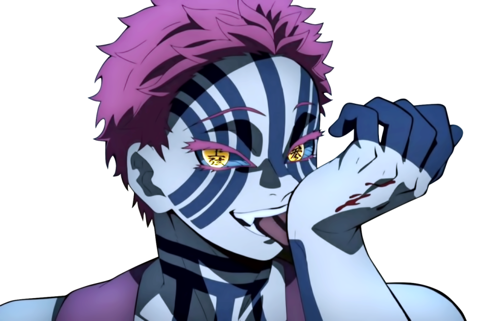 a cartoon character with purple hair and yellow eyes