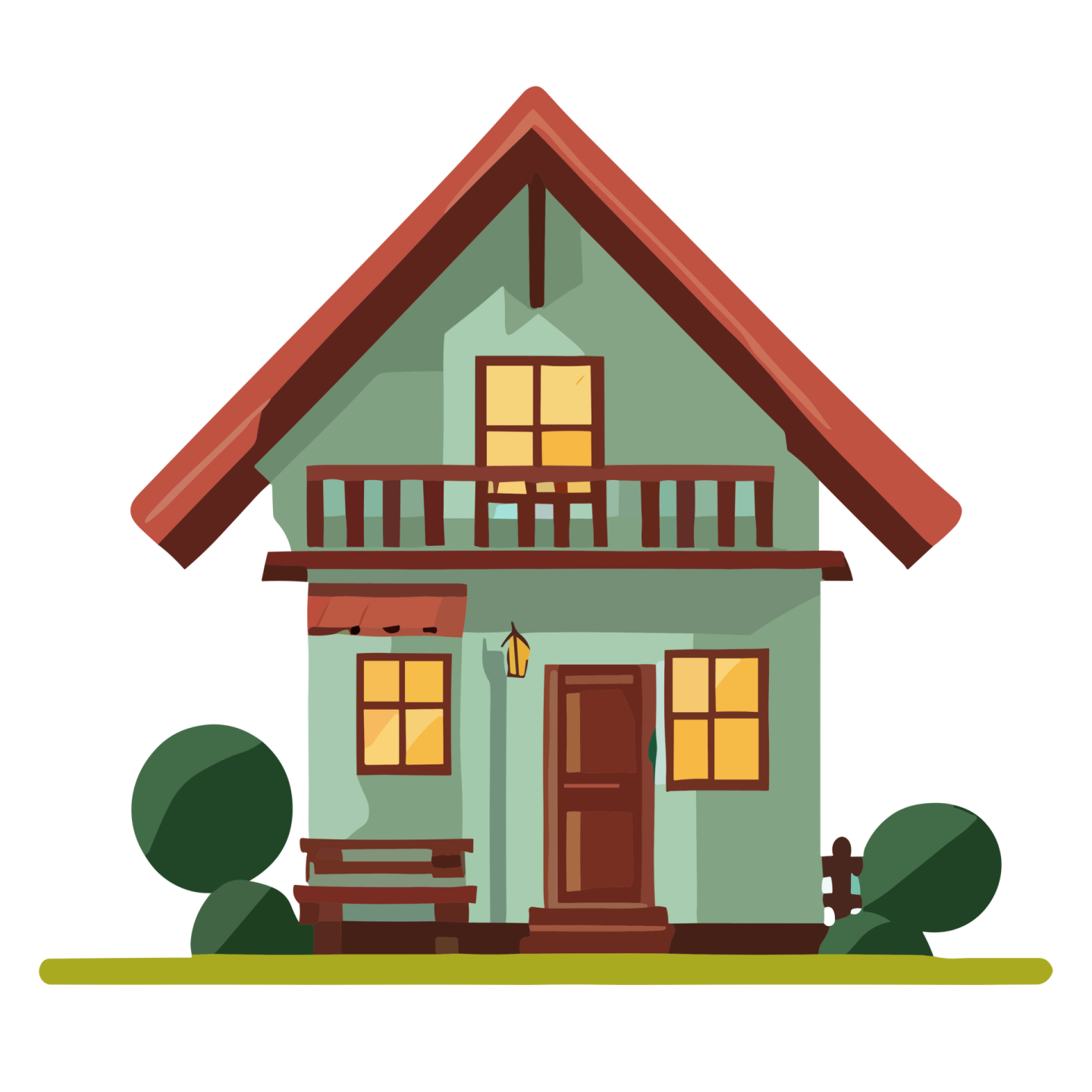 a green house with a brown roof