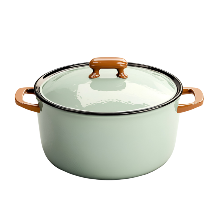 a green pot with a wooden handle