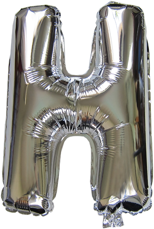a silver foil balloon shaped like the letter h