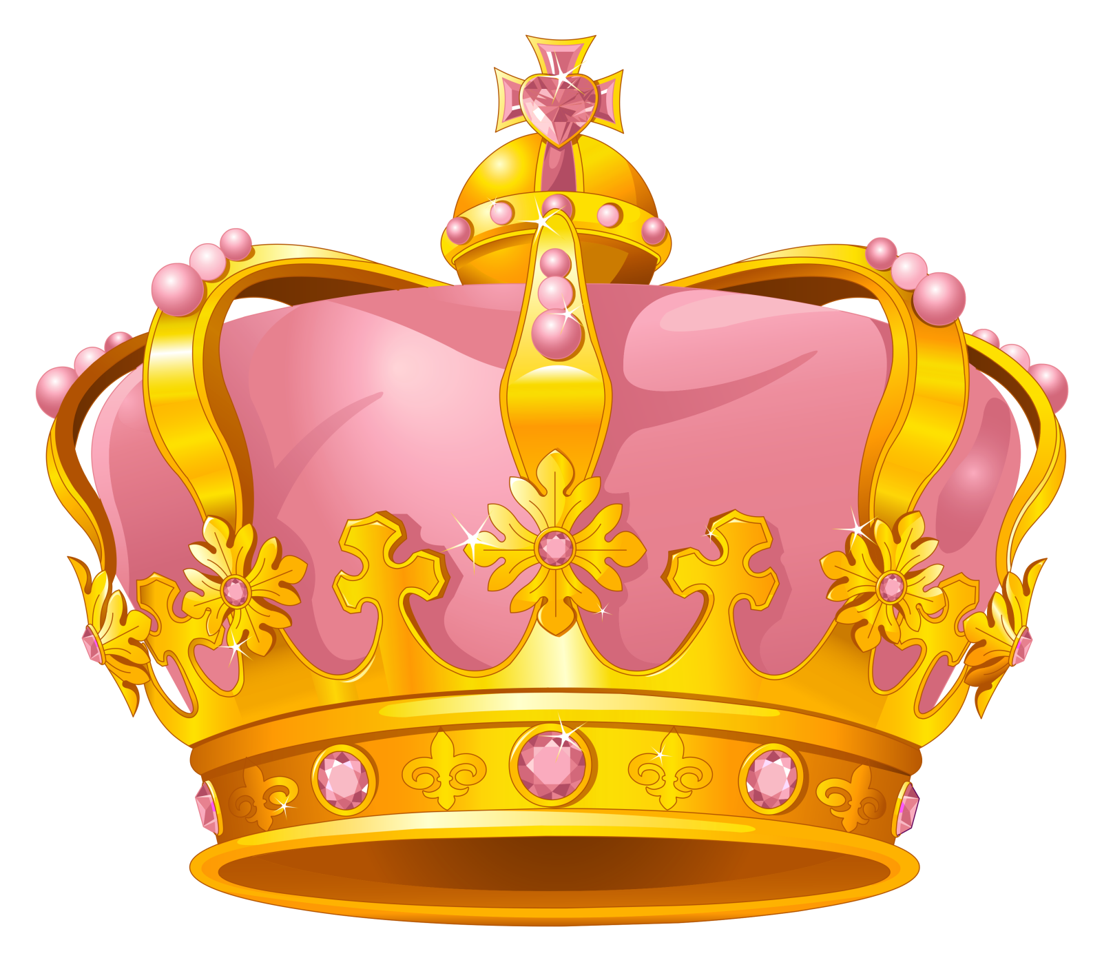 a golden crown with pink and gold accents