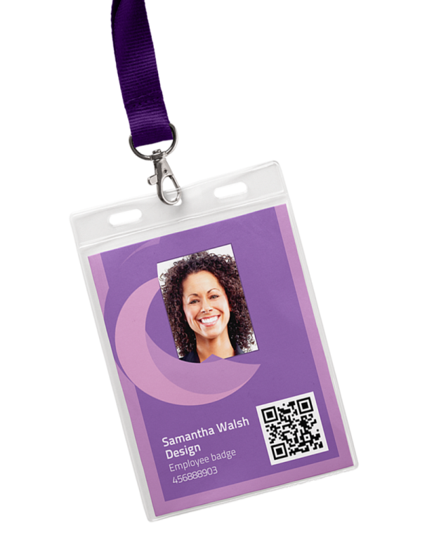 a purple id badge with a black and white photo on it