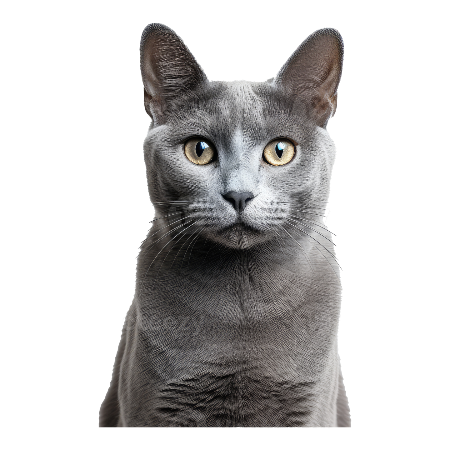 a gray cat looking up at the camera