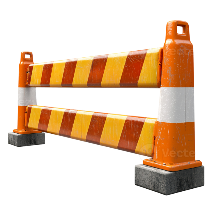 an orange and white barrier with yellow stripes