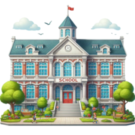 a school building with trees and bushes