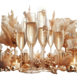 a group of champagne flutes with gold decorations